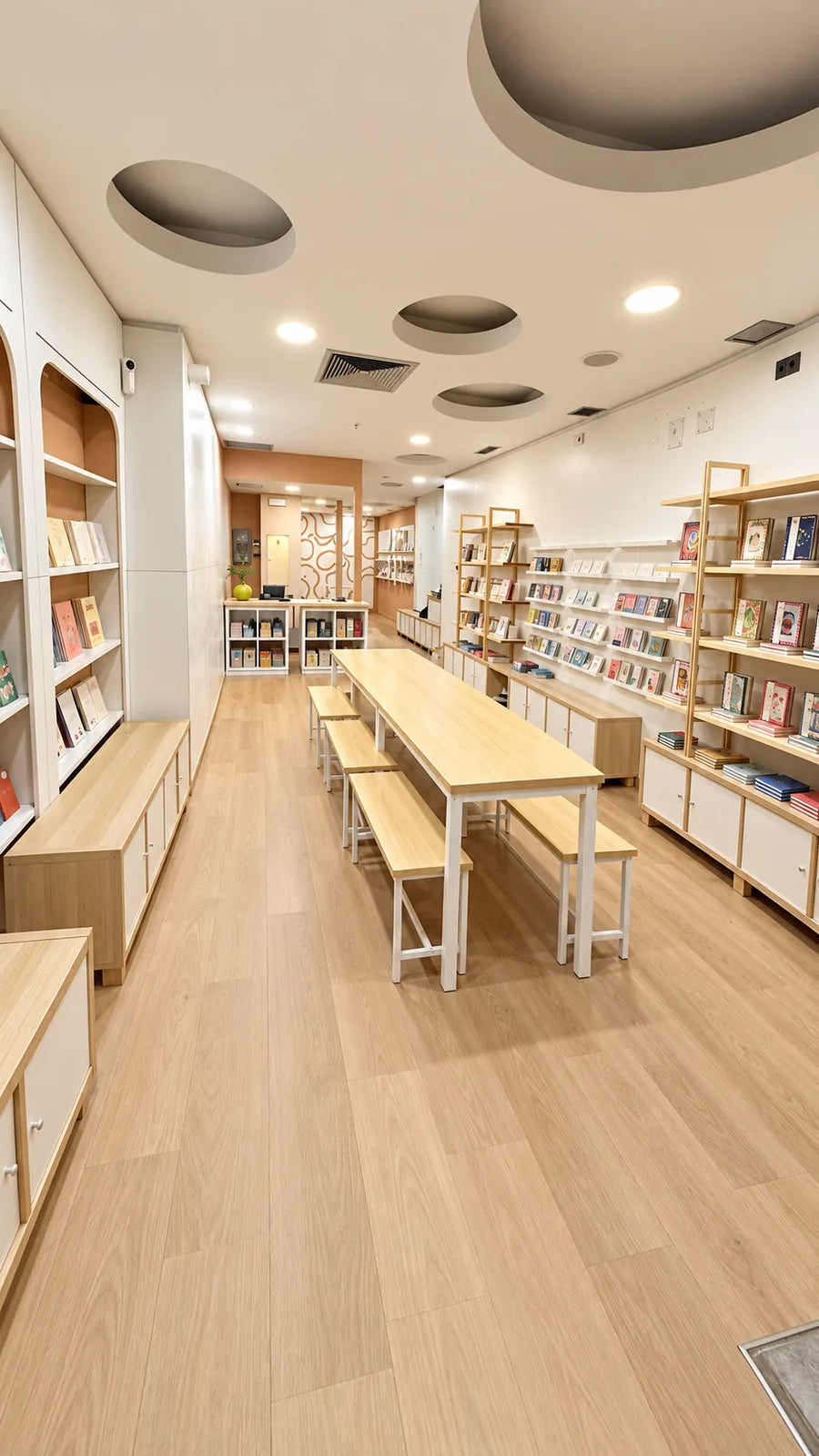 La tienda de ARU PAPER después de la obra: estanterías de madera clara llenas de cuadernos y una mesa larga con bancos en el centro